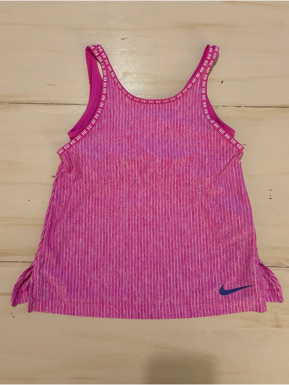 Nike Girls' Pink Striped Athletic Tank with Navy Swoosh